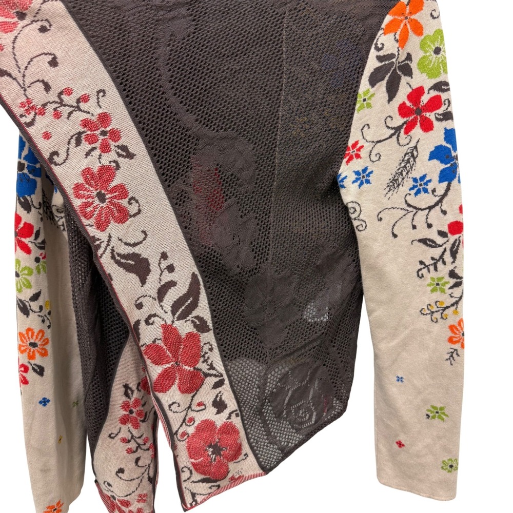 IVKO Woman Floral Knit Asymmetrical Front Cardigan Beige Brown Cotton Sz 44 - Picture 4 of 13